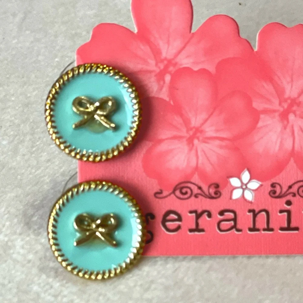 Geranium Round Blue Enamel Circle Gold Tone Bow Earrings